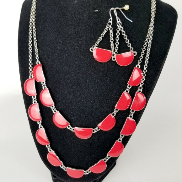 Retro Red Enamel & Silver Tone Necklace & Earrings - Picture 5 of 14